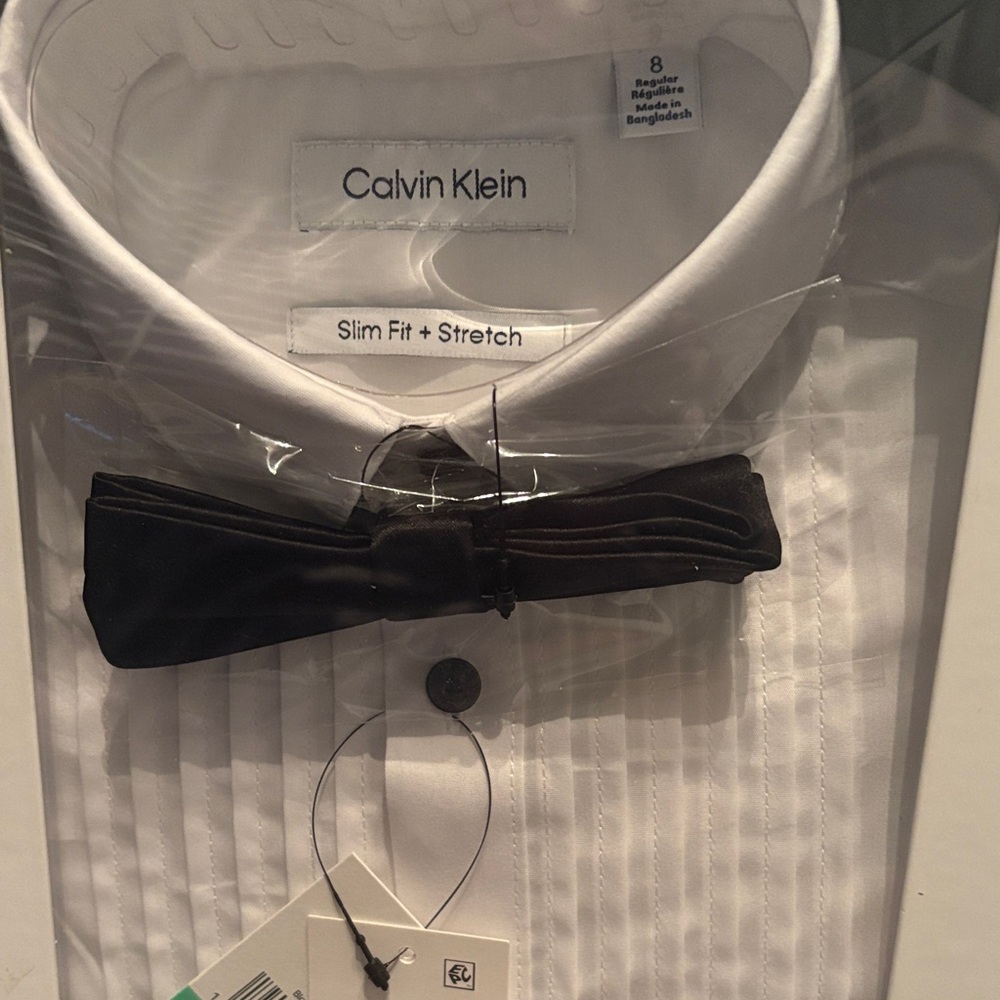 Calvin Klein White Pleated Slim Fit Dress Shirt with Black Bow Tie
